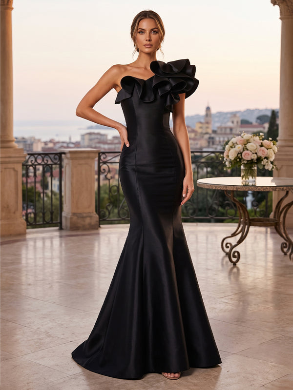 Satin Mermaid One Shoulder Ruffles Ruched Evening Dresses