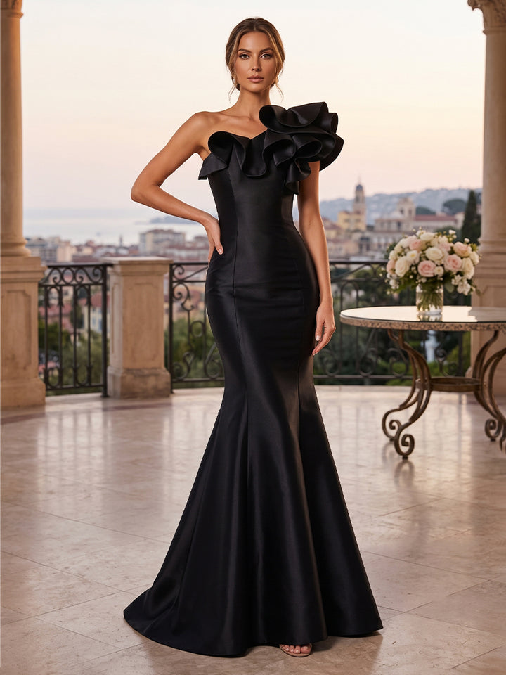 Satin Mermaid One Shoulder Ruffles Ruched Evening Dresses