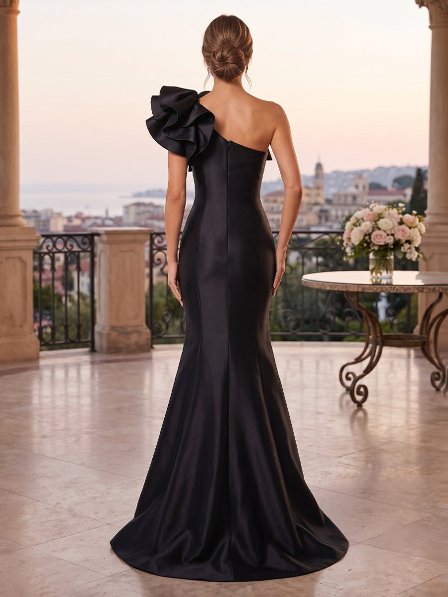 Satin Mermaid One Shoulder Ruffles Ruched Evening Dresses