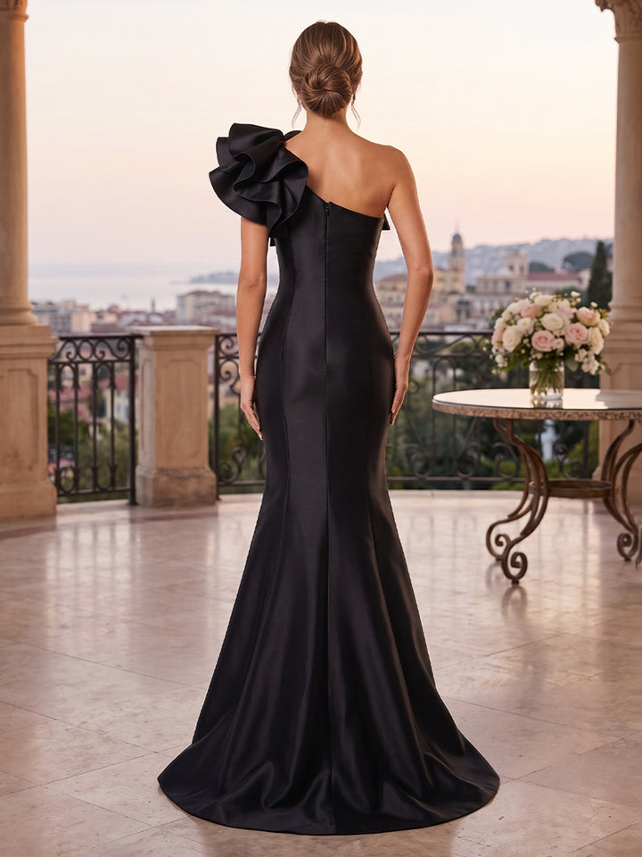 Satin Mermaid One Shoulder Ruffles Ruched Evening Dresses