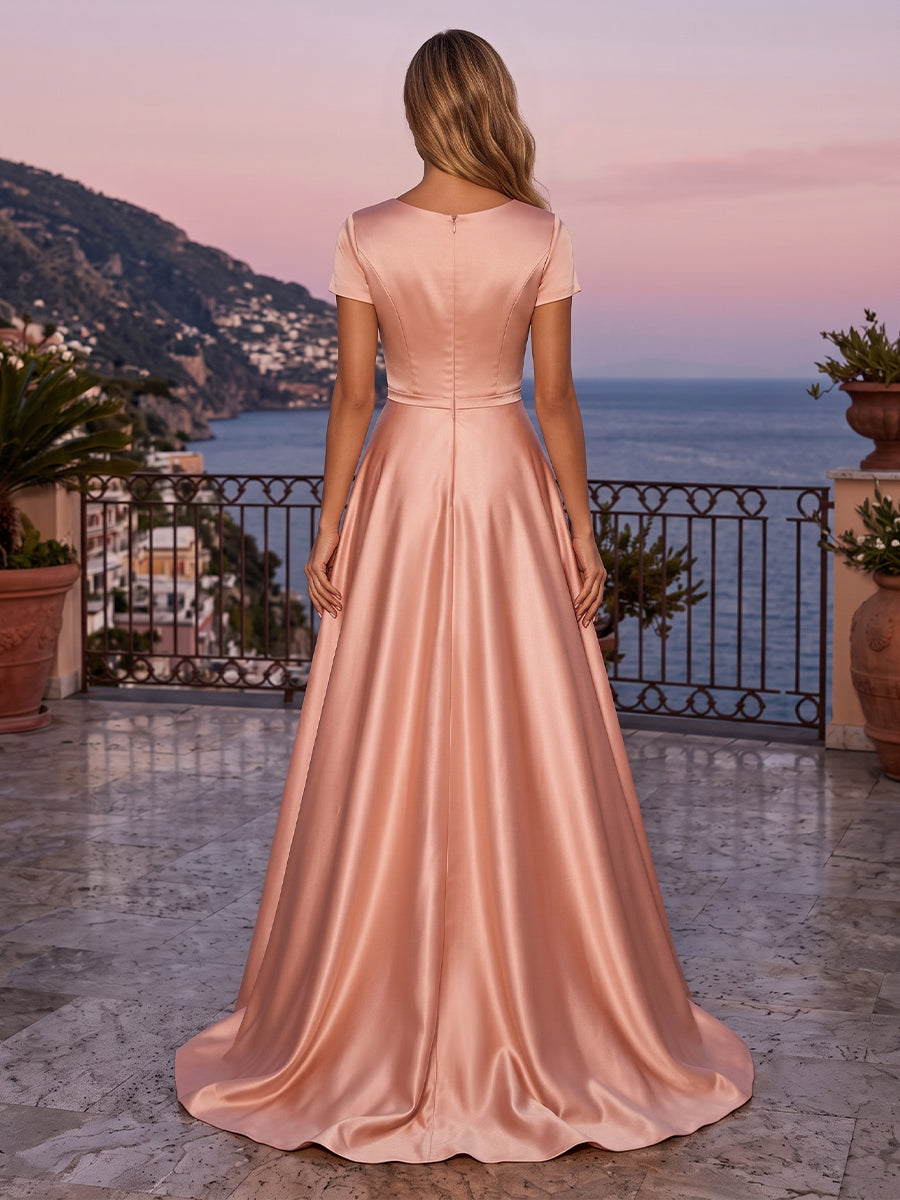 Satin A Line Scoop Neck Sash Ruched Evening Dresses