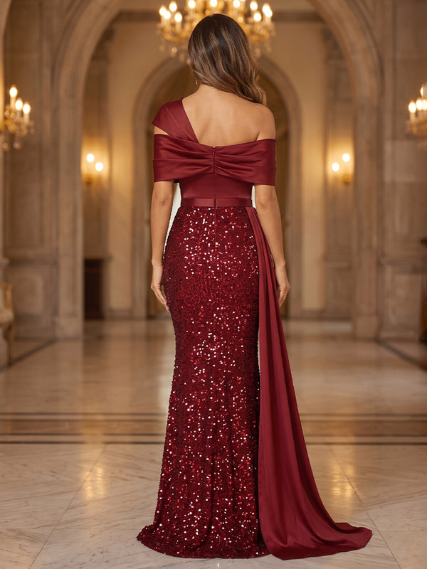 Sequin Mermaid Off the Shoulder Sash Ruched Evening Dresses