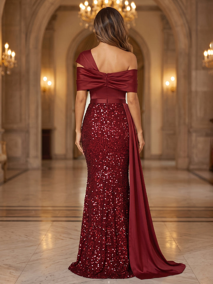 Sequin Mermaid Off the Shoulder Sash Ruched Evening Dresses