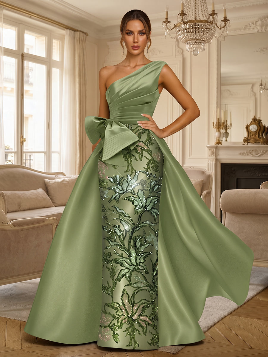 Sequin Floral A Line One Shoulder Bow Ruched Mother of the Bride Dresses