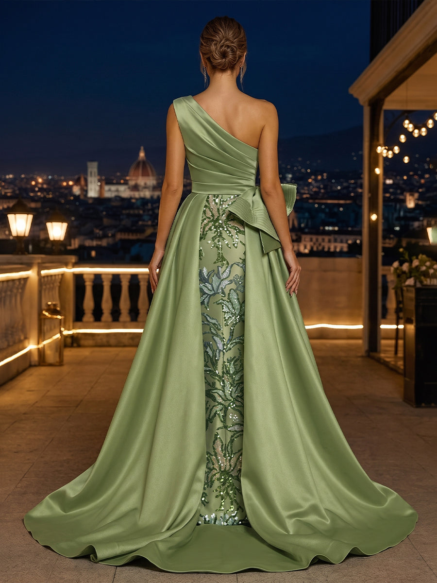 Sequin Floral A Line One Shoulder Bow Ruched Mother of the Bride Dresses