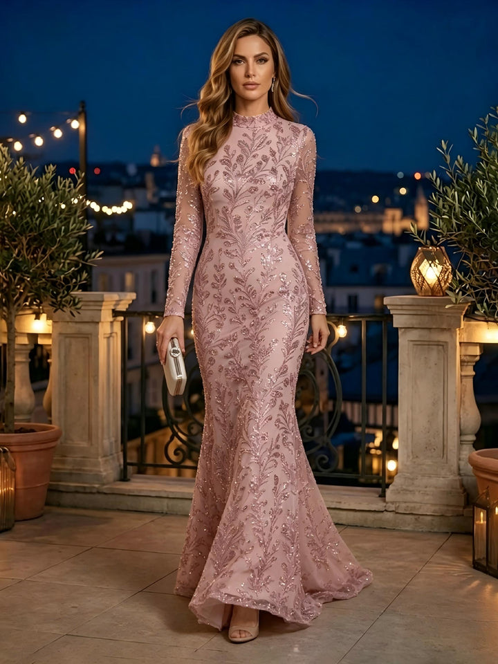 Sequin Floral Mermaid High Neck Glitter elegent Evening Dresses for Women