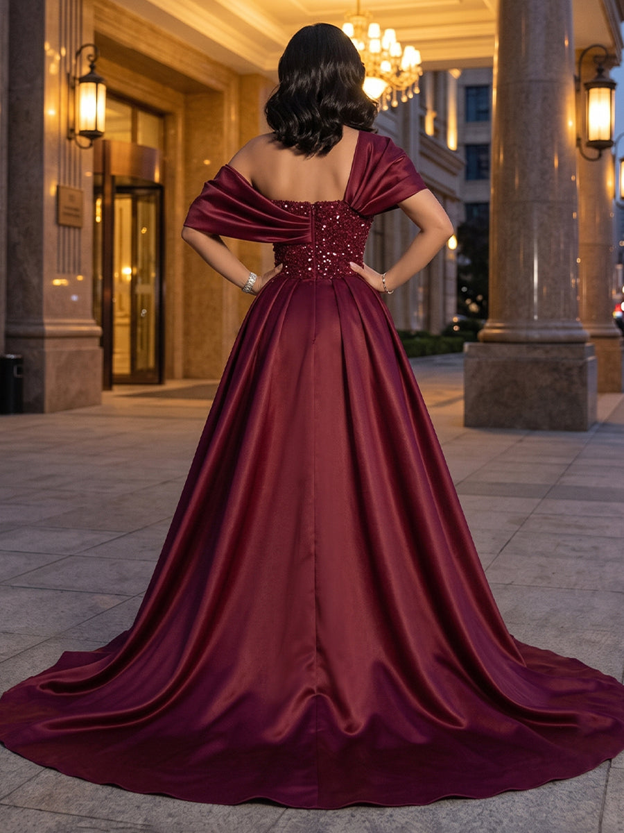 Sequin A Line Off the Shoulder Glitter Ruched Evening Dresses for Women