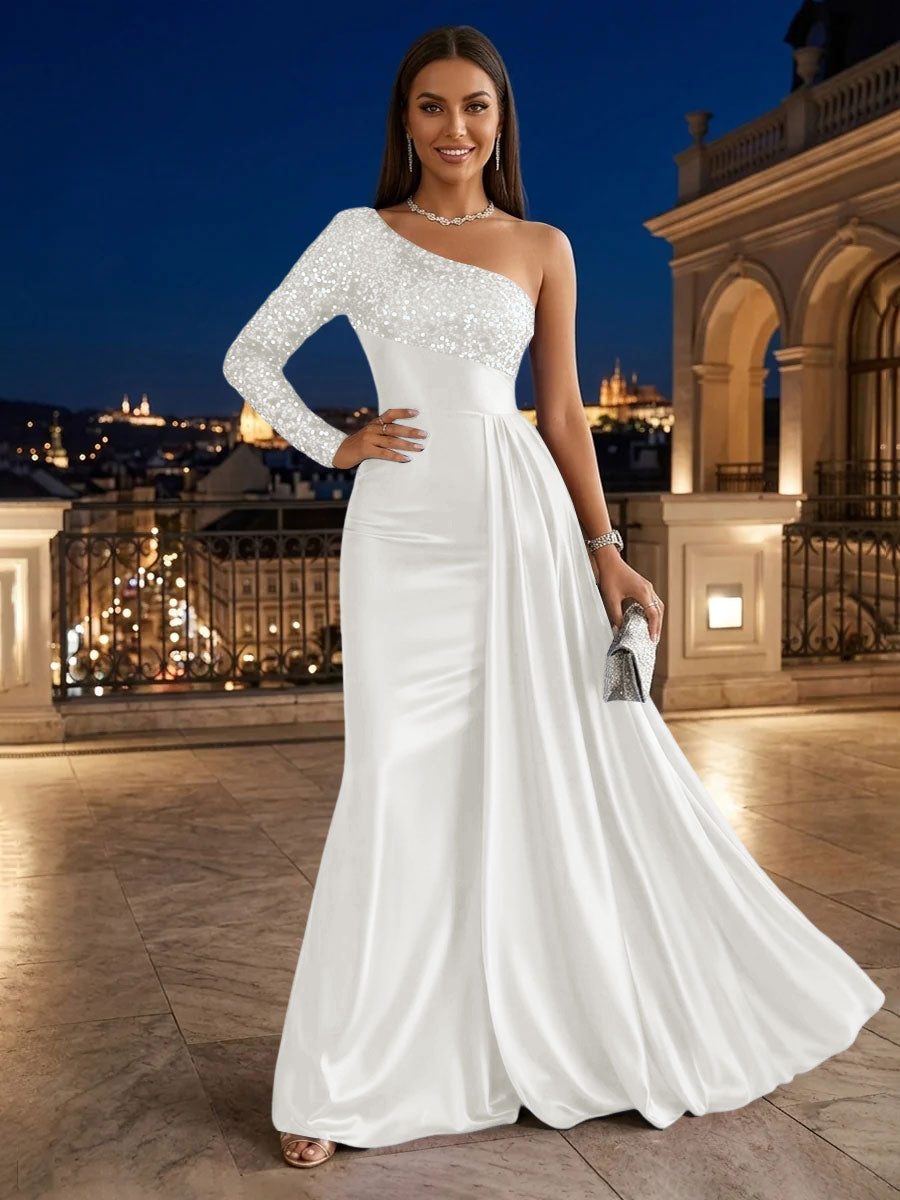 Satin A Line One Shoulder Sequin Pleats Evening Dresses