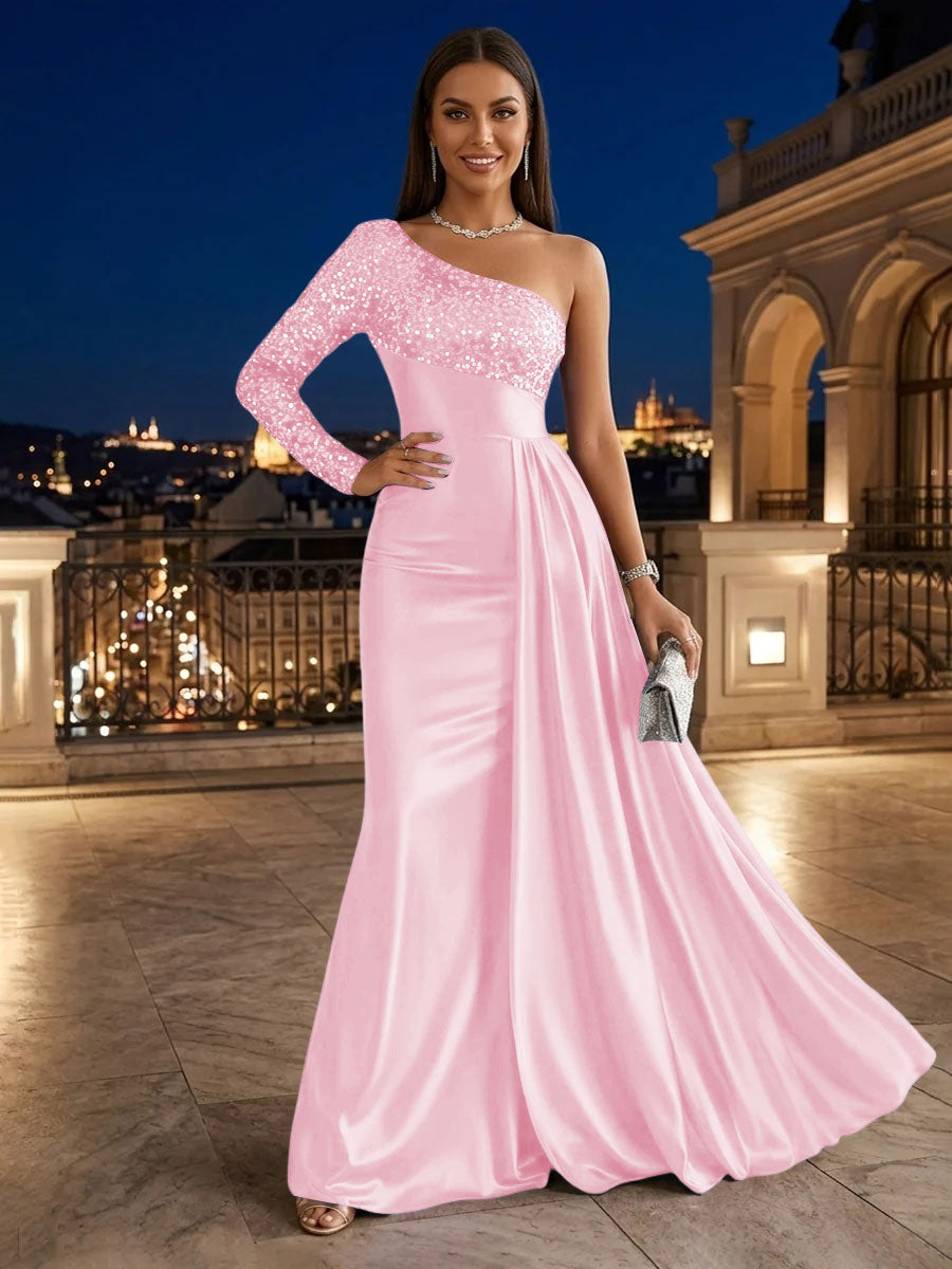Satin A Line One Shoulder Sequin Pleats Evening Dresses