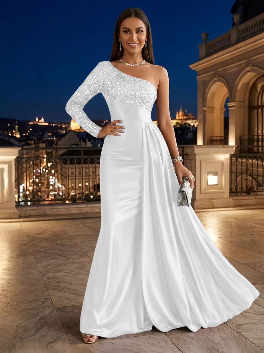 Satin A Line One Shoulder Sequin Pleats Evening Dresses