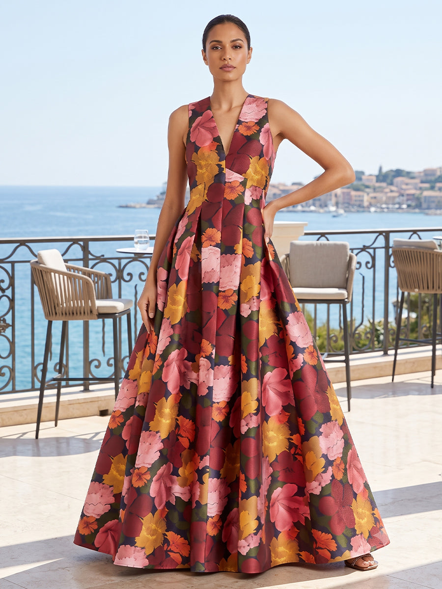 Floral Print A Line V Neck Pleats Ruched Evening Dresses