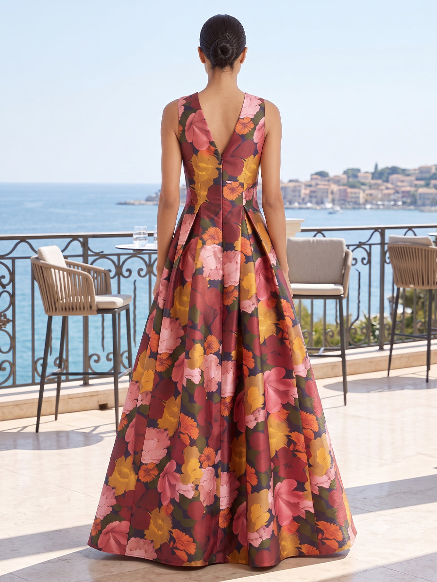 Floral Print A Line V Neck Pleats Ruched Evening Dresses
