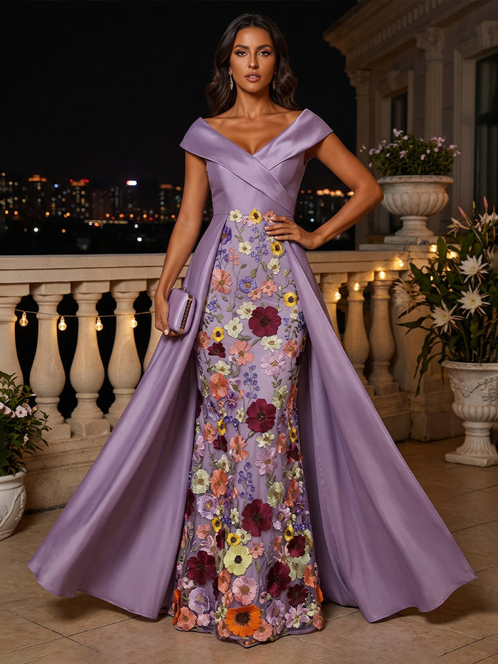 Embroidery A Line V Neck Pleats Ruched Evening Dresses