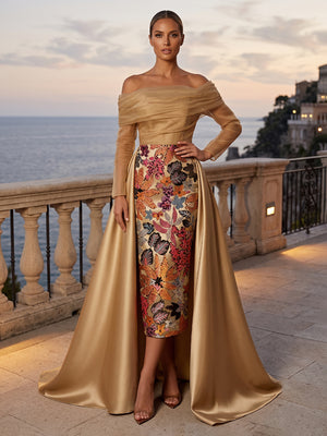 Embroidery A Line Off the Shoulder Pleats Ruched Evening Dresses
