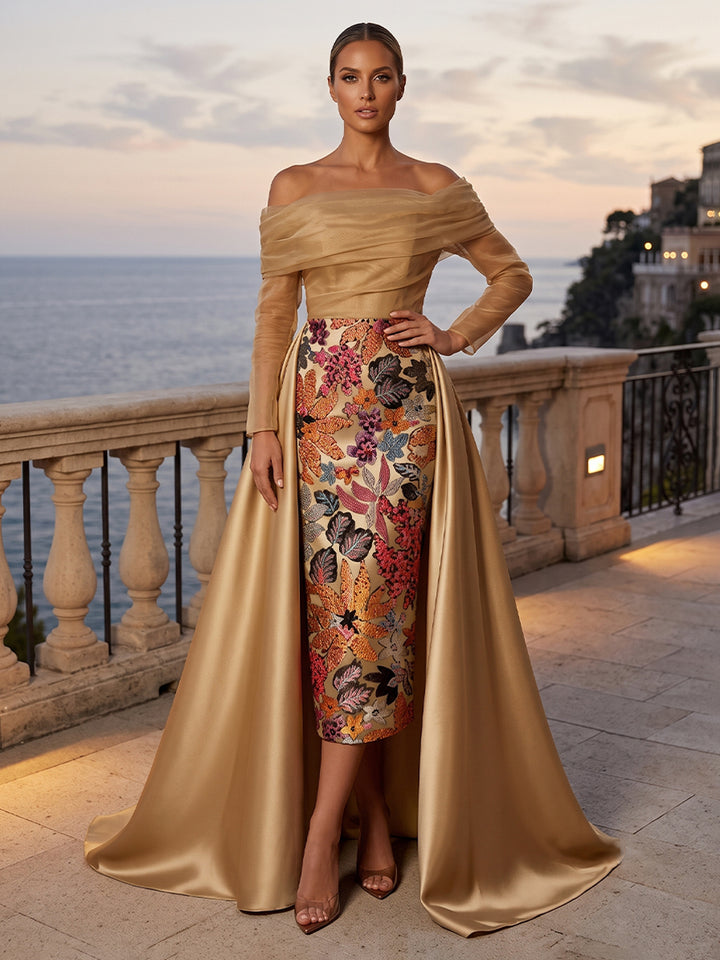 Embroidery A Line Off the Shoulder Pleats Ruched Evening Dresses