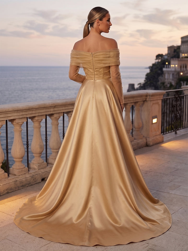 Embroidery A Line Off the Shoulder Pleats Ruched Evening Dresses