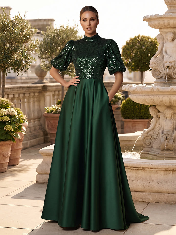 Satin A Line High Neck Pleats Ruched Mother of the Bride Dresses