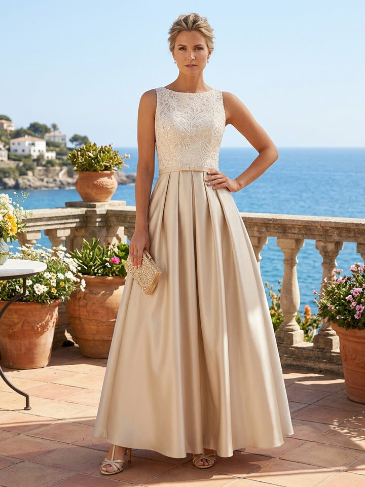 Satin A Line Scoop Neck Lace Appliques Ruched Evening Dresses