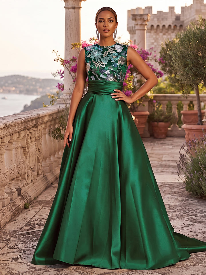 Satin A Line Scoop Neck Sequin Floral Ruched Mother of the Bride Dresses