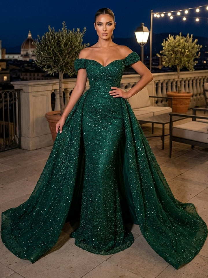 Sequin A Line Off the Shoulder Glitter elegent Evening Dresses for Women