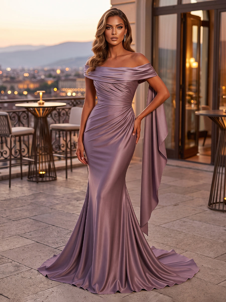 Satin Mermaid Off the Shoulder Pleats Ruched Evening Dresses