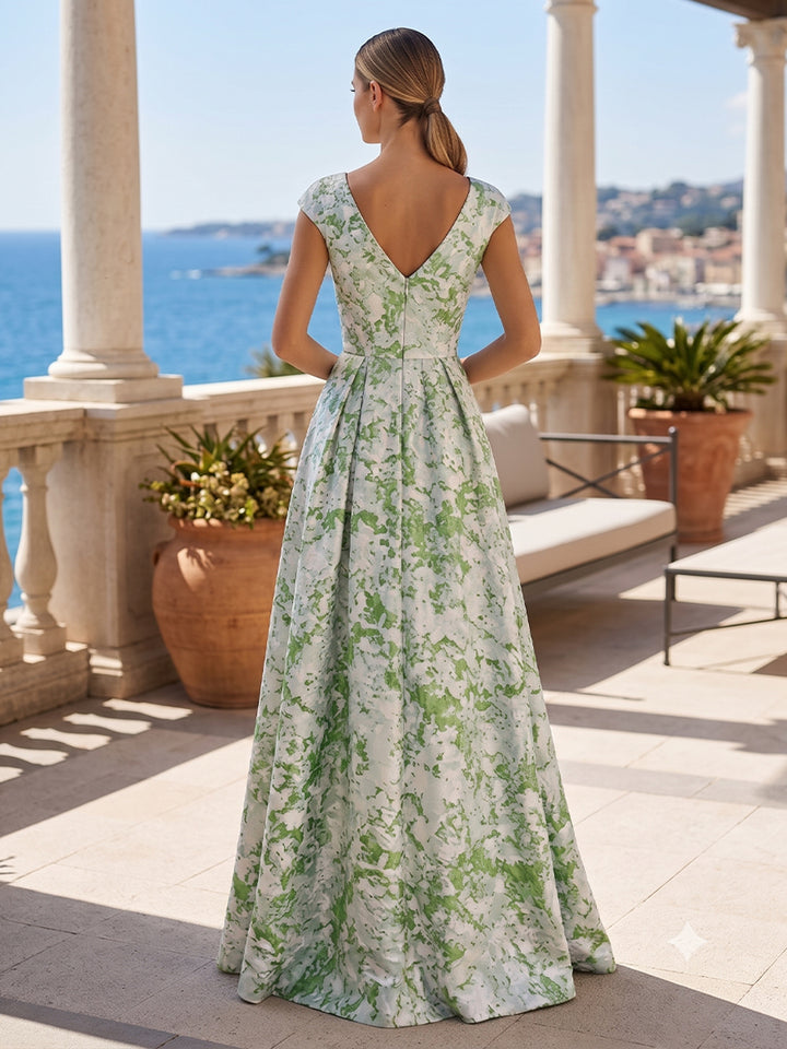 Jacquard A Line V Neck Side Slit Ruched Evening Dresses