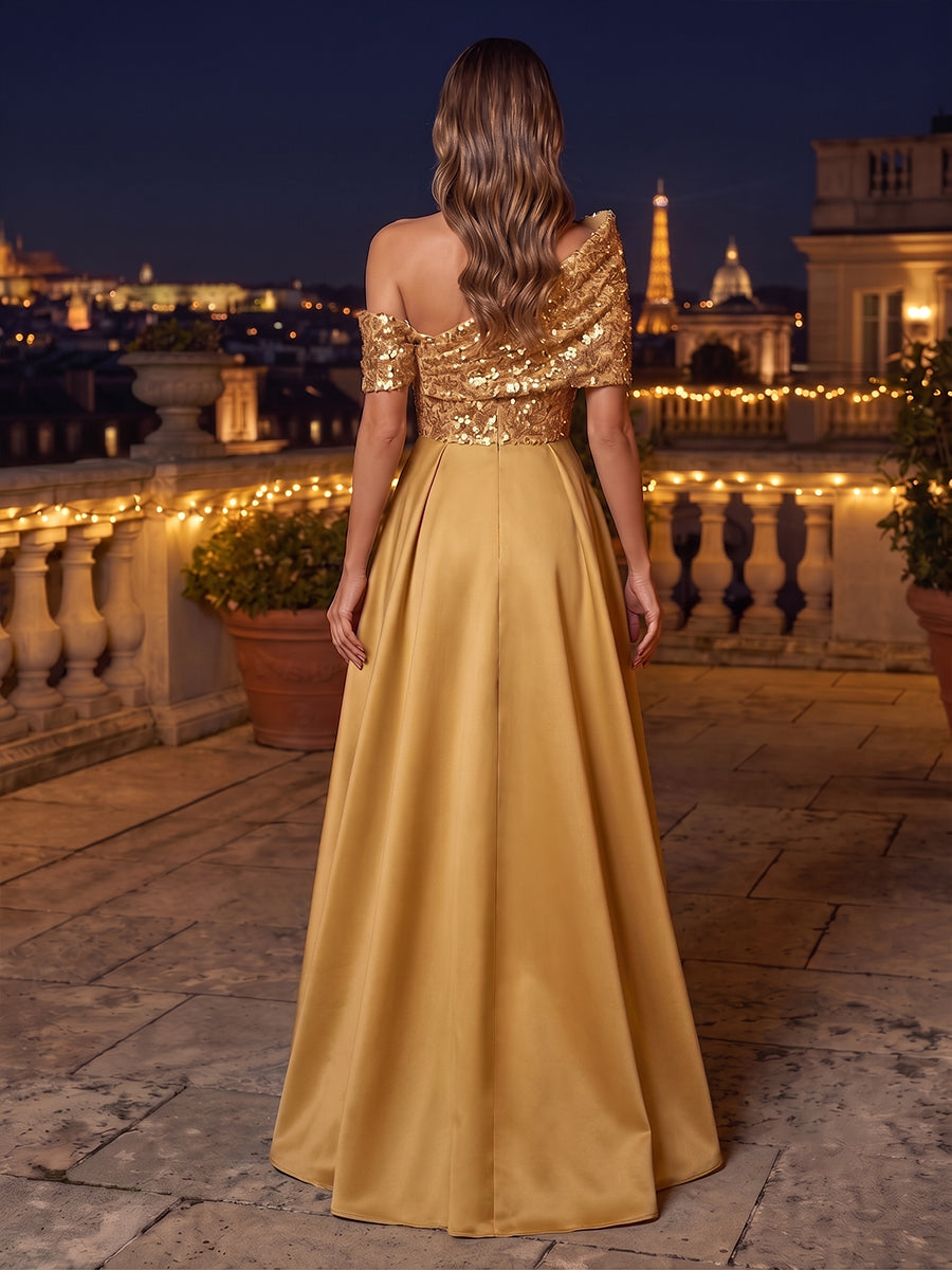Satin High Low Off the Shoulder Sequin Ruched Evening Dresses