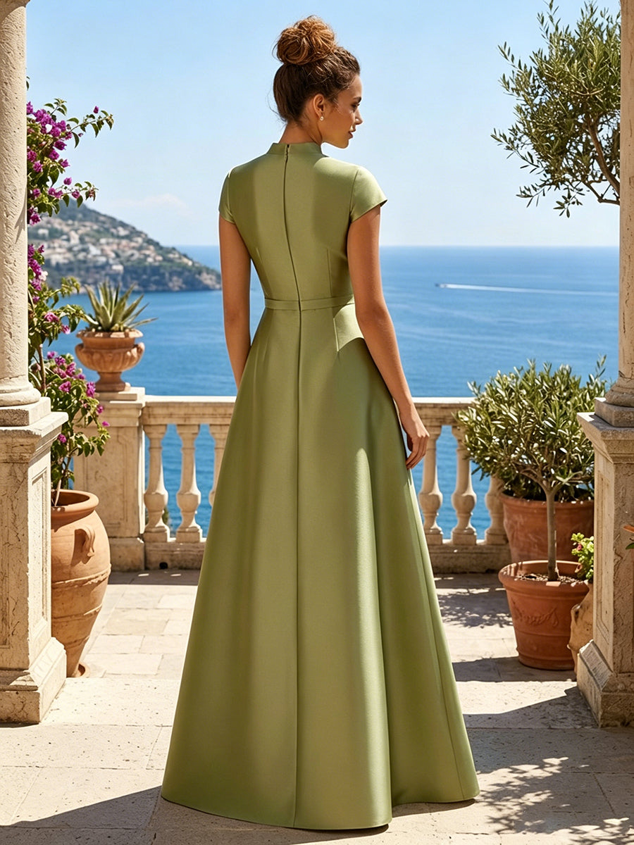 Satin A Line High Neck Sequin Floral Ruched Mother of the Bride Dresses