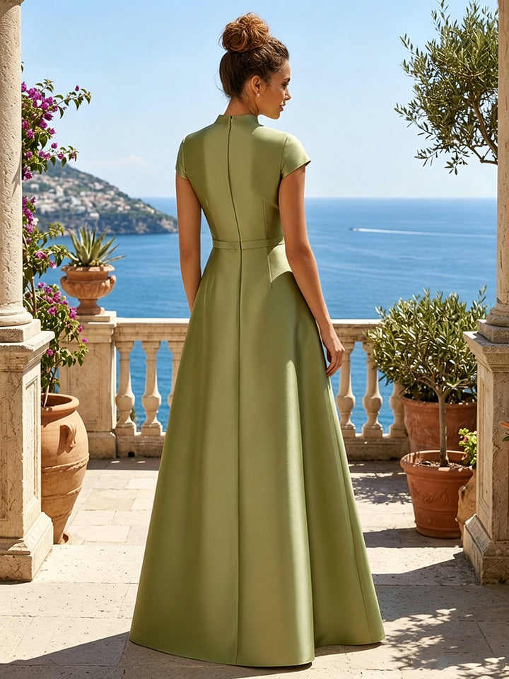 Satin A Line High Neck Sequin Floral Ruched Mother of the Bride Dresses