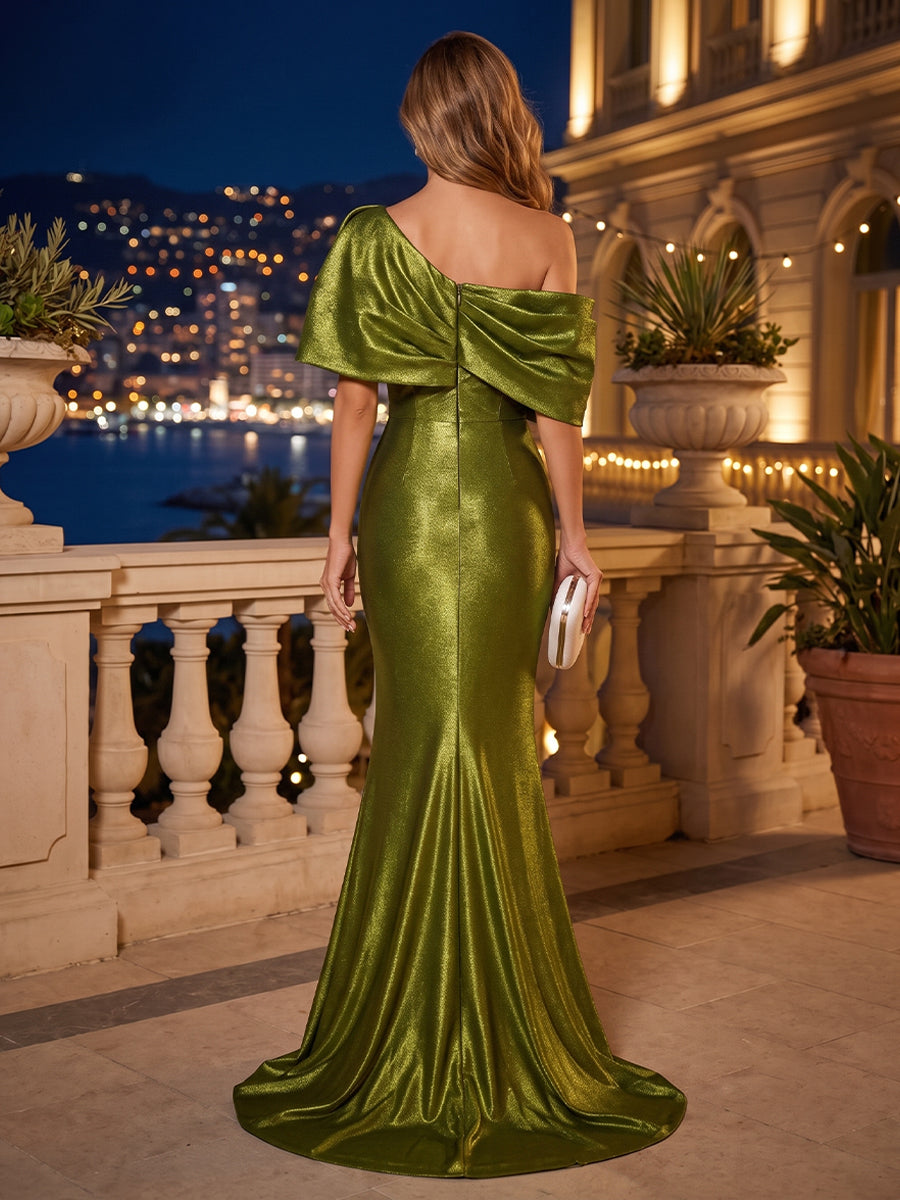 Metallic Satin Mermaid Off the Shoulder Pleats Glitter Evening Dresses for Women