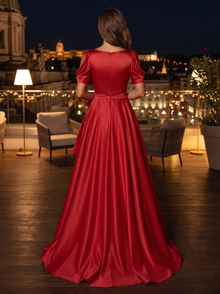 Satin A Line V Neck Bow Cut Out Evening Dresses