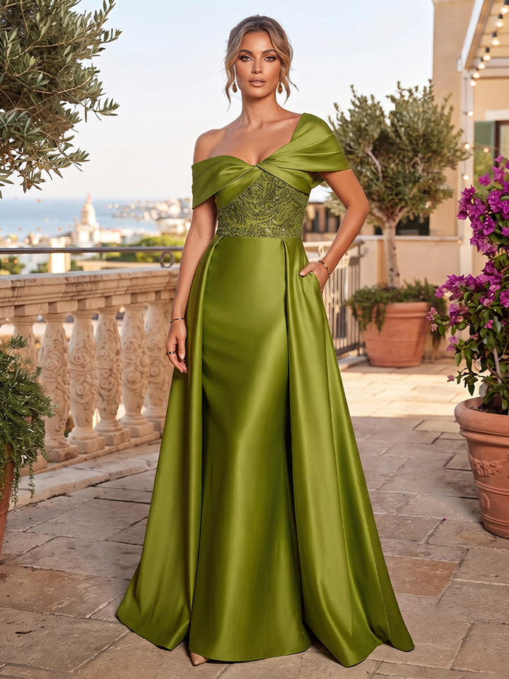 Satin A Line Off the Shoulder Sequin Floral Ruched Mother of the Bride Dresses