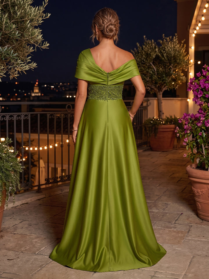 Satin A Line Off the Shoulder Sequin Floral Ruched Mother of the Bride Dresses