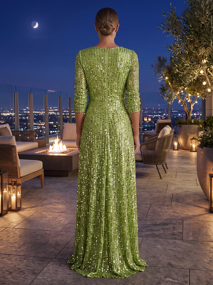 Sequin Sheath V Neck Front Slit Ruched Evening Dresses