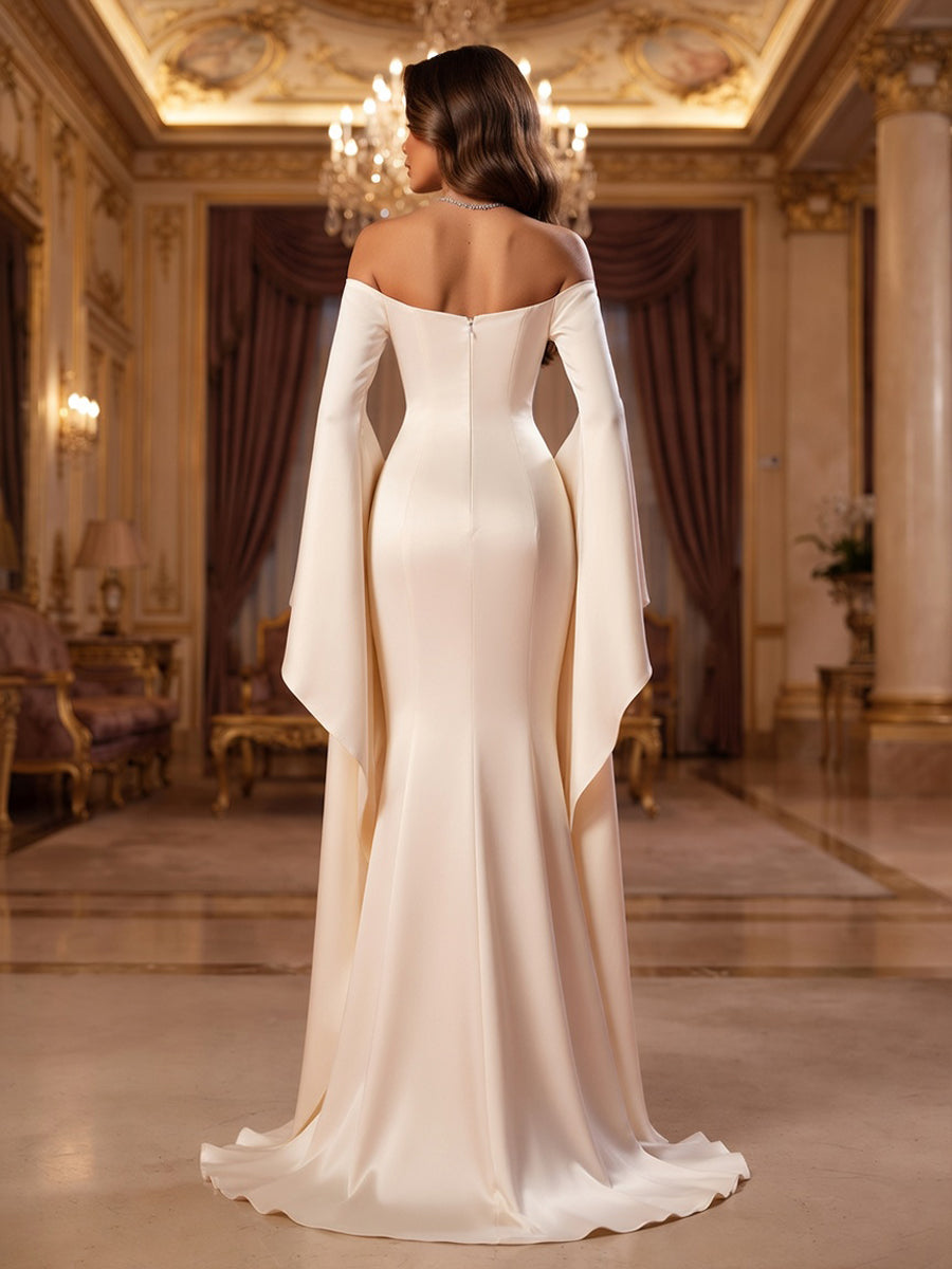 Satin Sheath Off the Shoulder Sash Ruched Evening Dresses
