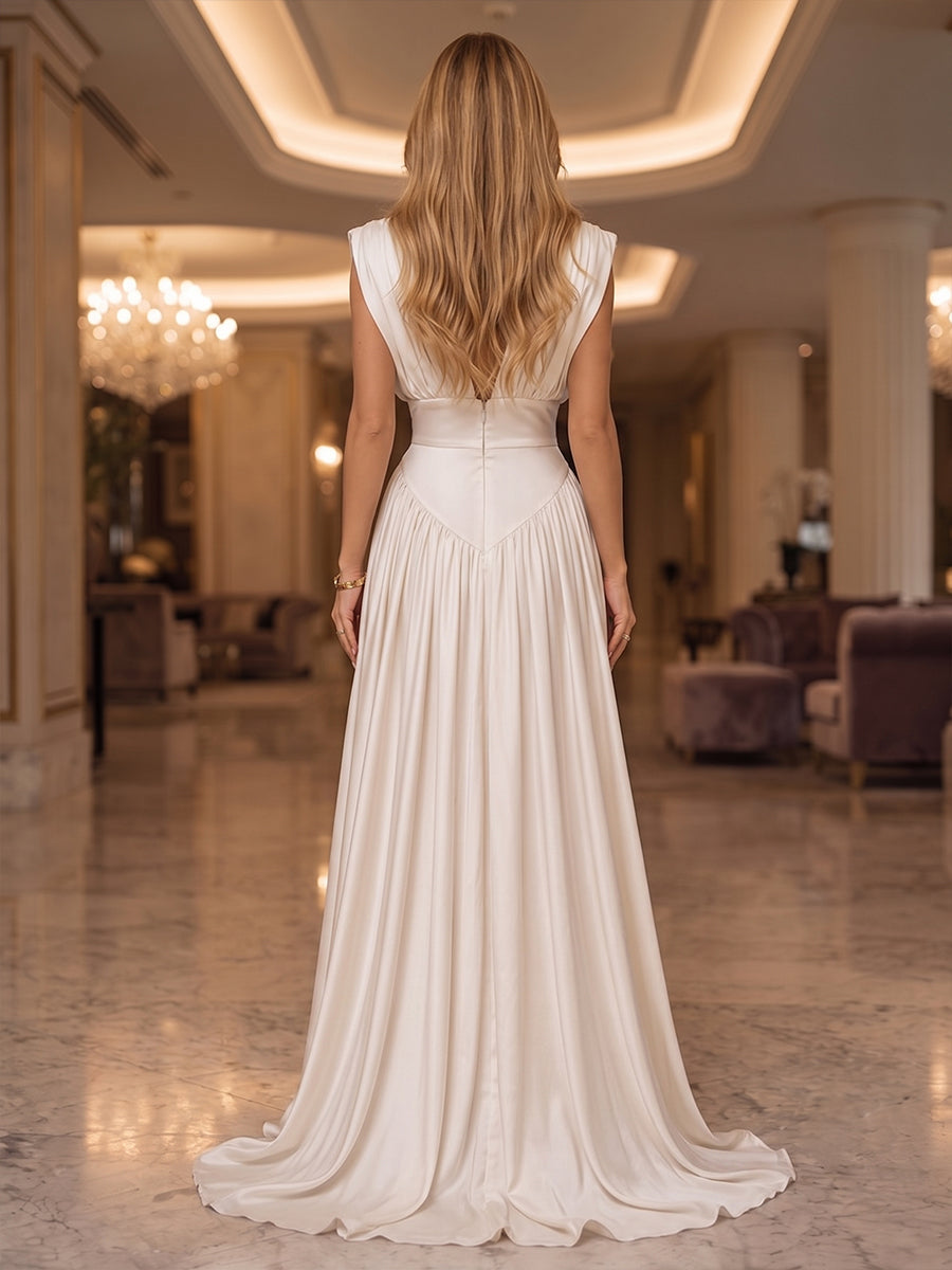 Satin A Line V Neck Side Slit Ruched Evening Dresses