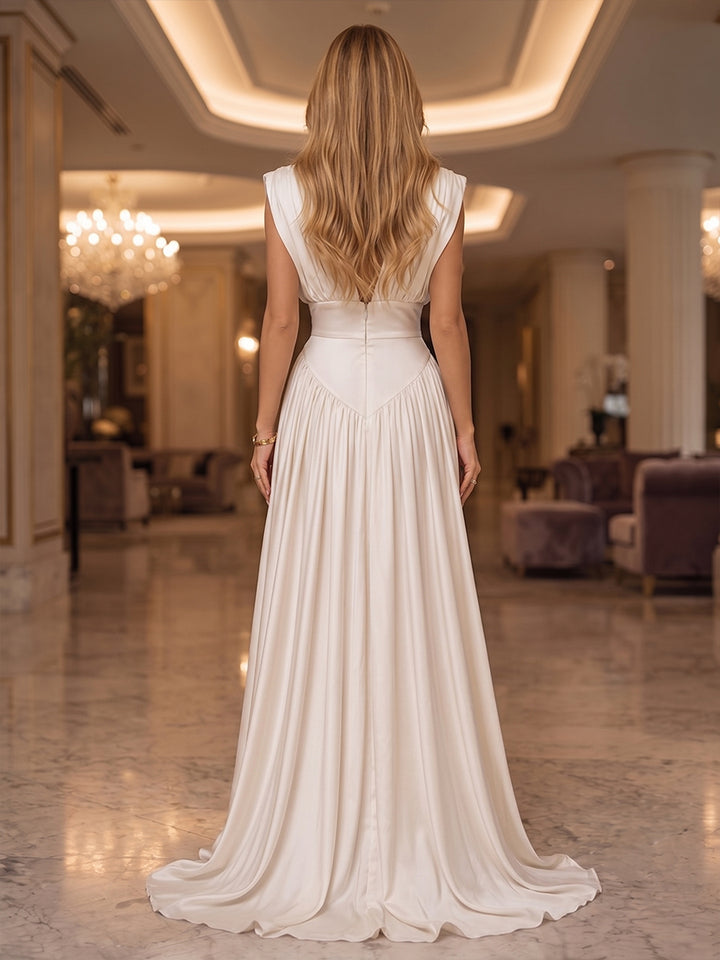Satin A Line V Neck Side Slit Ruched Evening Dresses