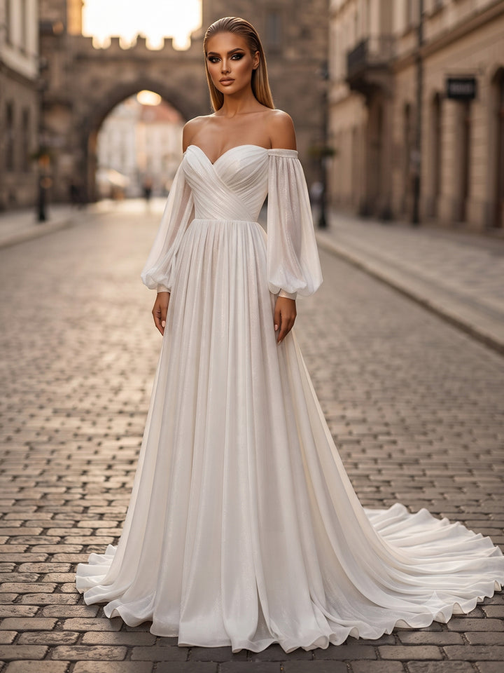 Metallic Satin A Line Off the Shoulder Pleats Ruched Evening Dresses