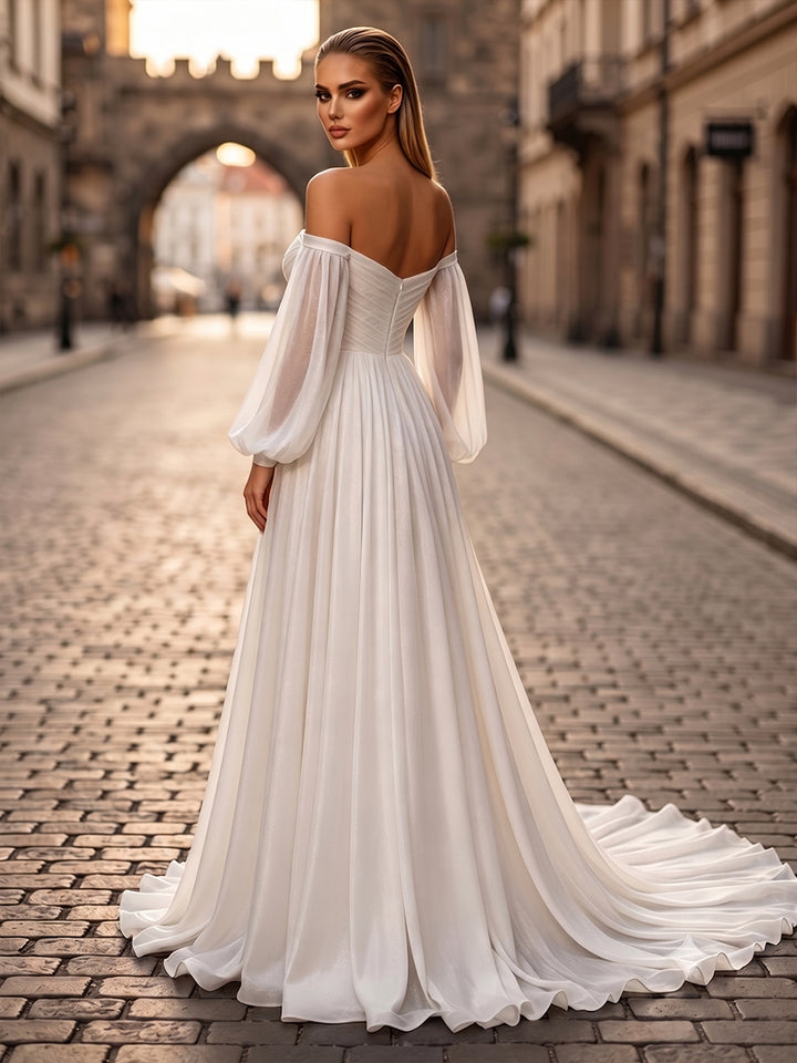 Metallic Satin A Line Off the Shoulder Pleats Ruched Evening Dresses