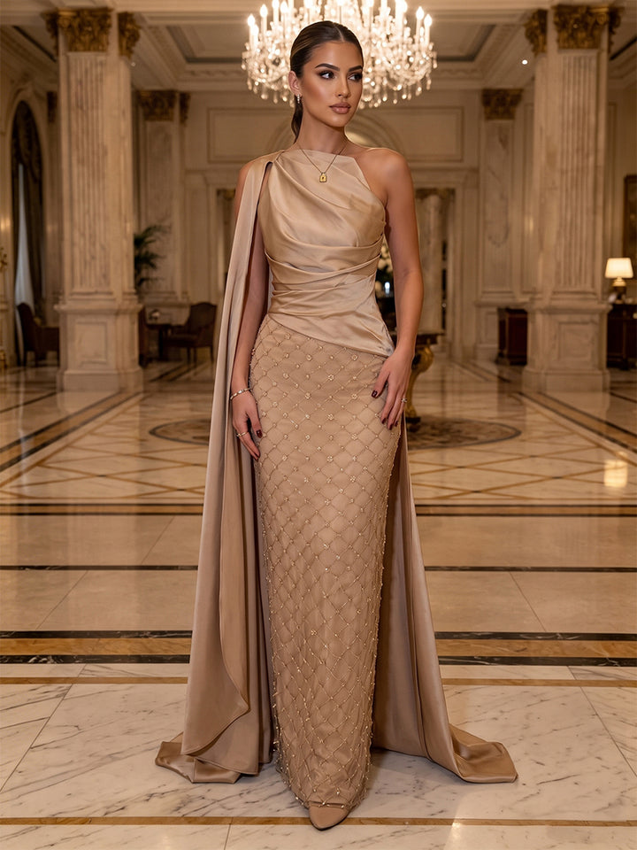 Sequin Sheath One Shoulder Sash Ruched Evening Dresses