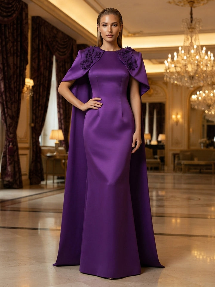 Satin Mermaid Scoop Neck 3D Flowers Ruched Mother of the Bride Dresses
