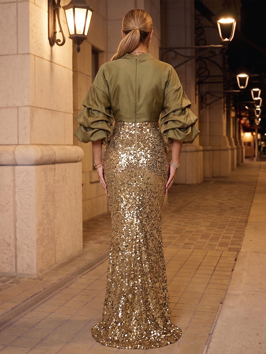 Sequin Mermaid V Neck Pleats Ruched Evening Dresses