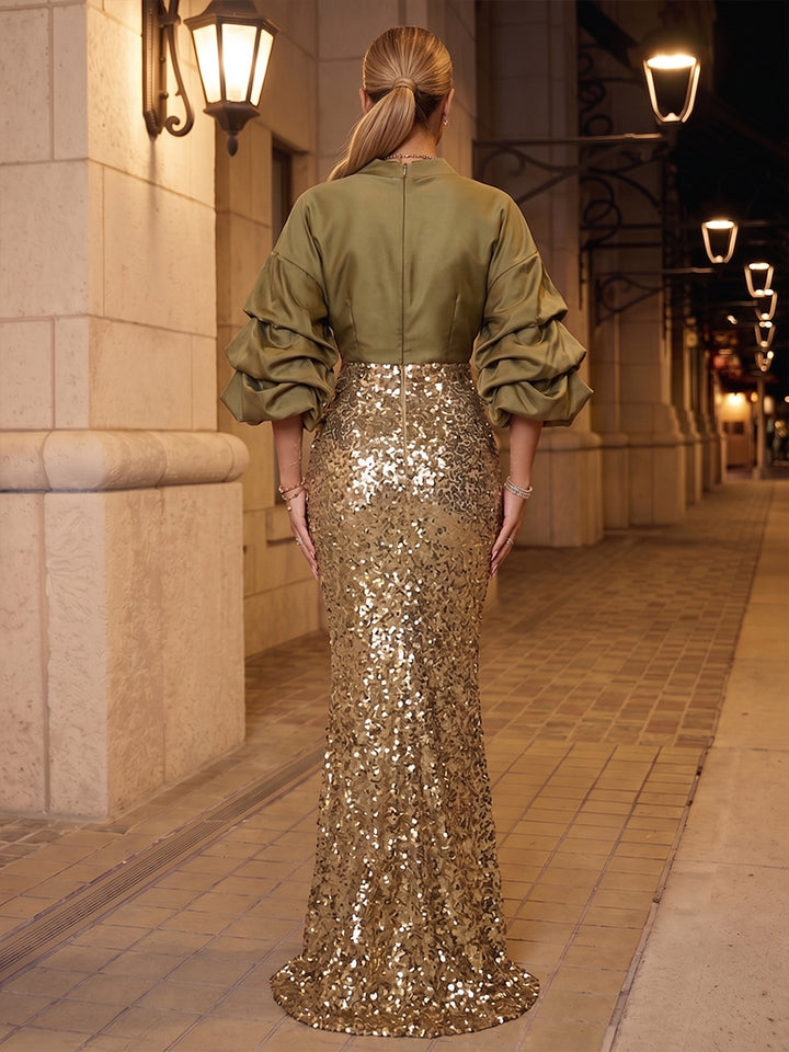 Sequin Mermaid V Neck Pleats Ruched Evening Dresses