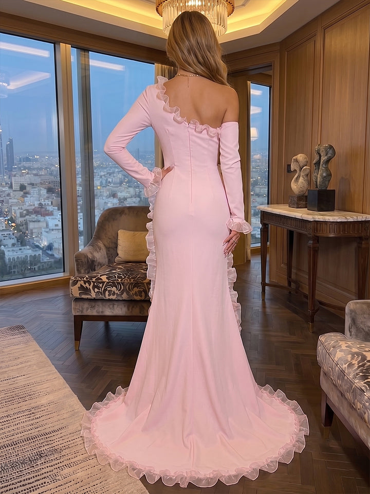 Stretch Mesh Mermaid Off the Shoulder Ruffles Ruched Evening Dresses