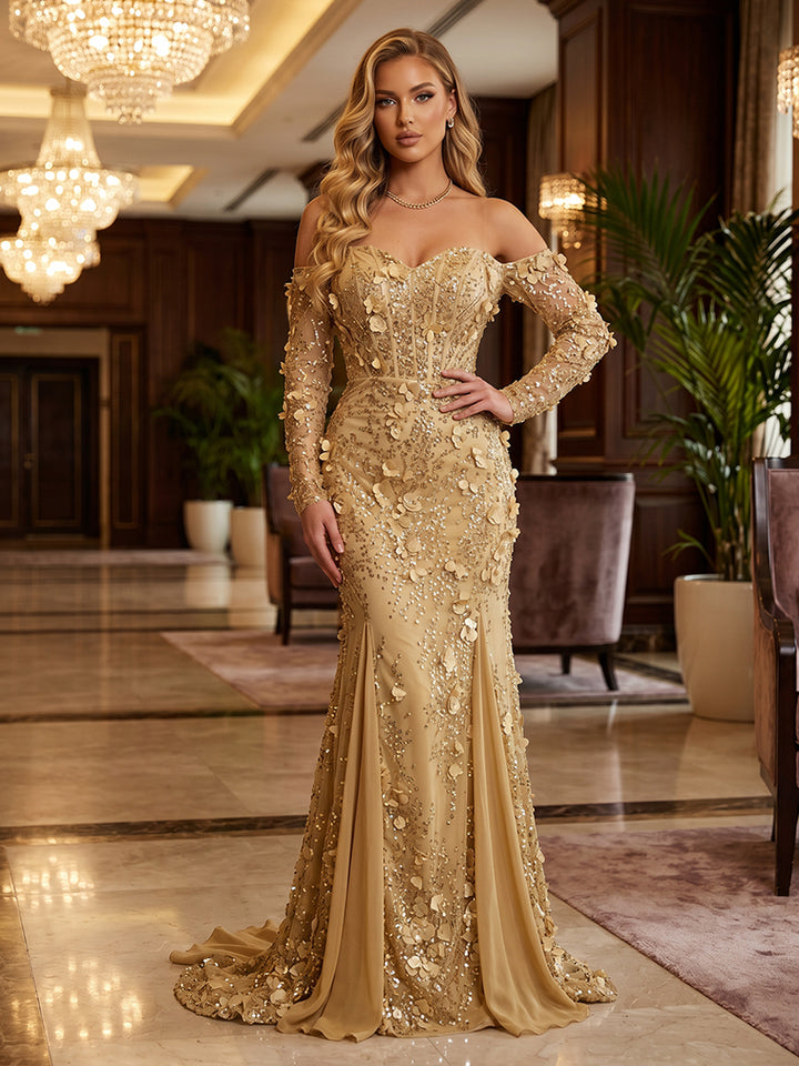 Sequin Floral Mermaid Strapless Corset Ruched Evening Dresses
