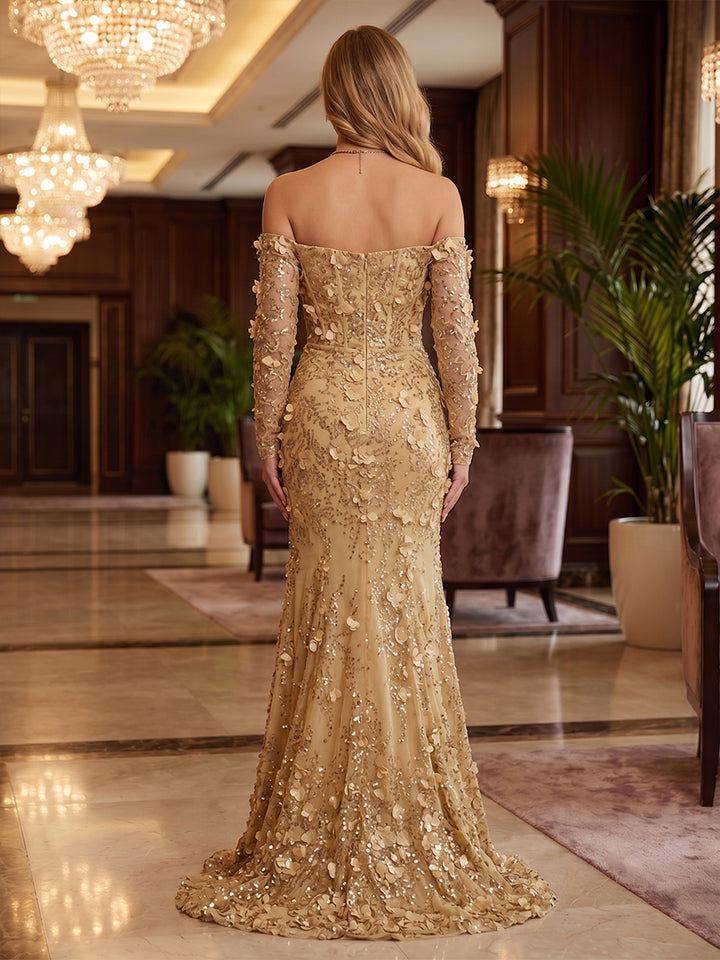Sequin Floral Mermaid Strapless Corset Ruched Evening Dresses