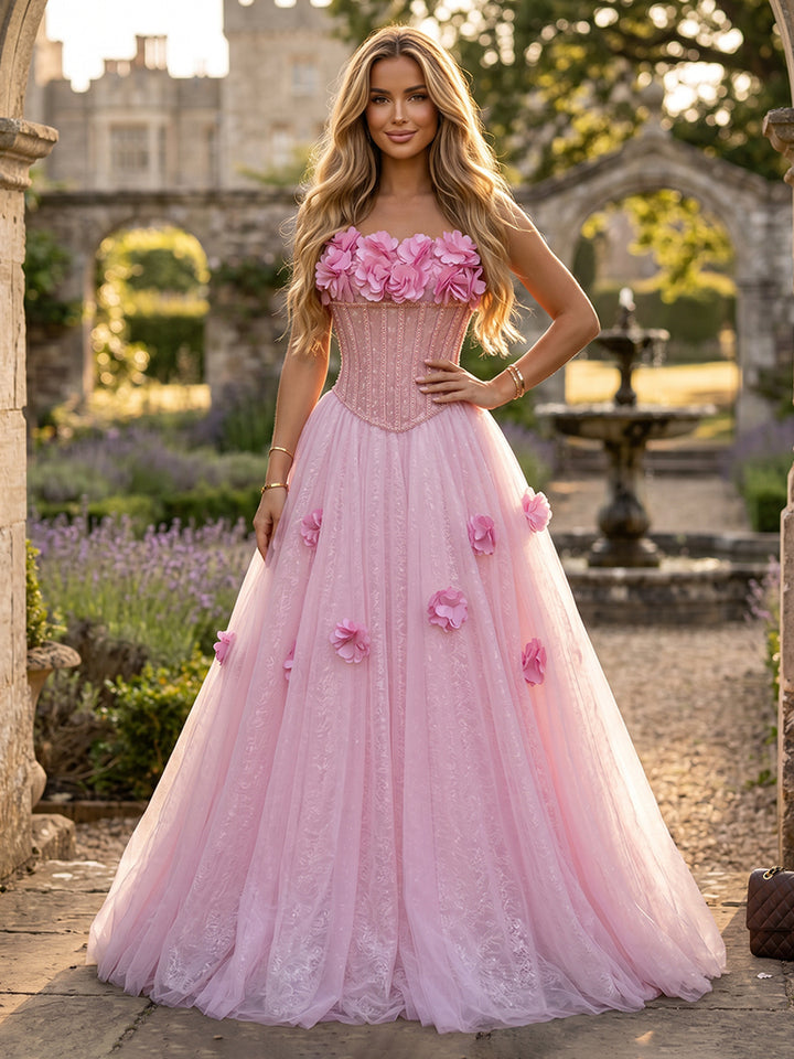 Tulle A Line Strapless Corset Pleats Evening Dresses