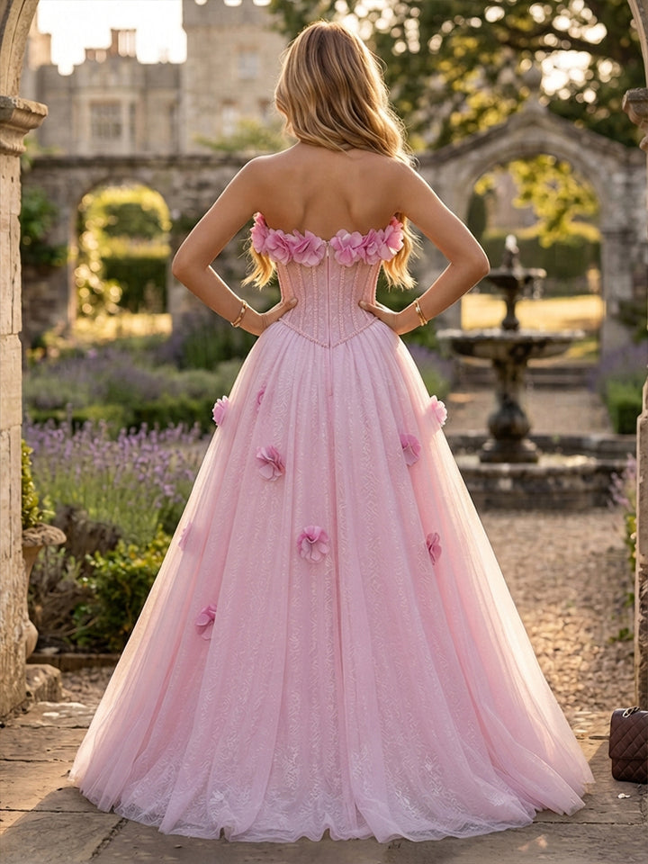 Tulle A Line Strapless Corset Pleats Evening Dresses