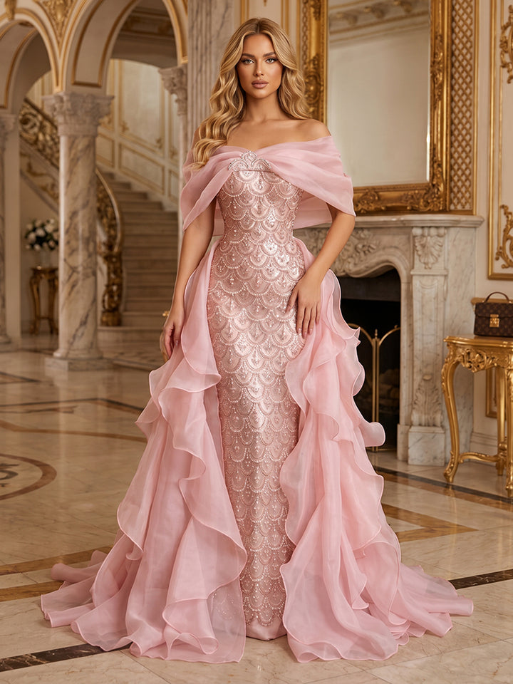 Sequin A Line Off the Shoulder Ruffles Ruched Evening Dresses