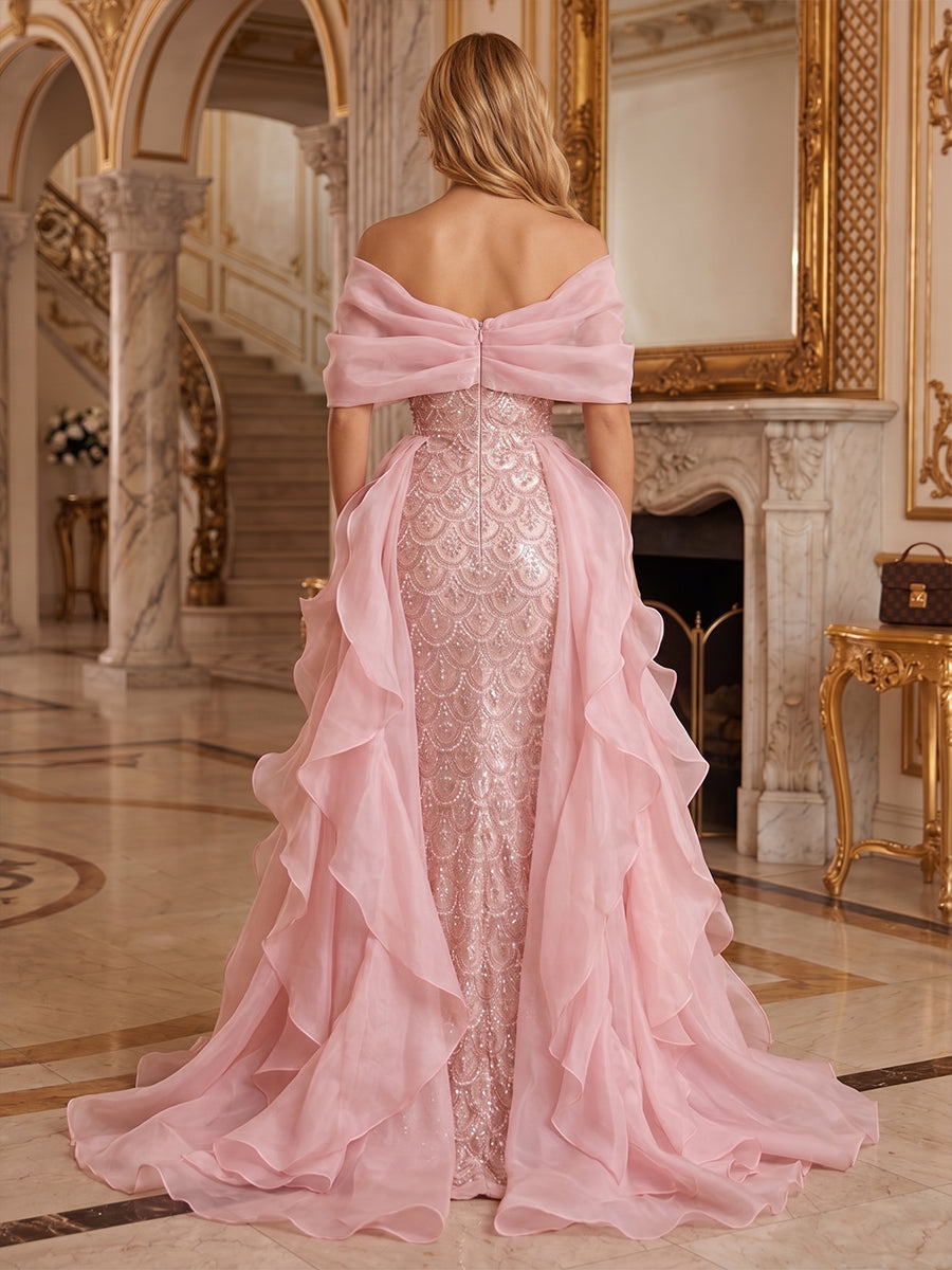 Sequin A Line Off the Shoulder Ruffles Ruched Evening Dresses